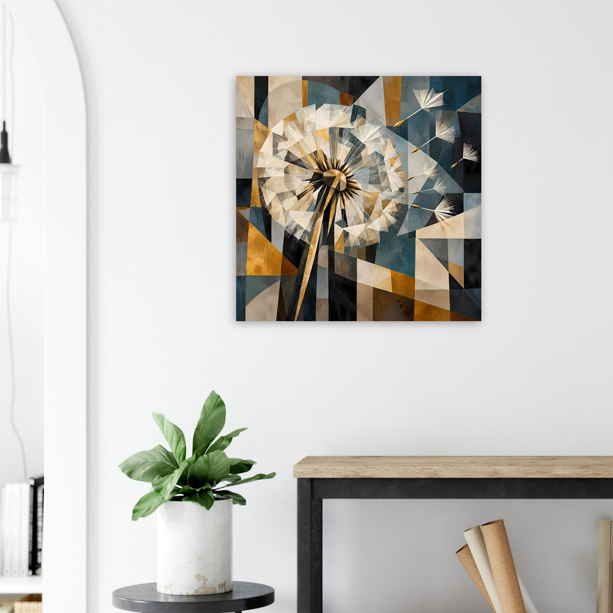 Gerahmtes Poster mit geometrischem Löwenzahnmotiv in Erdtönen, Blau und Gold auf dunklem Grund
