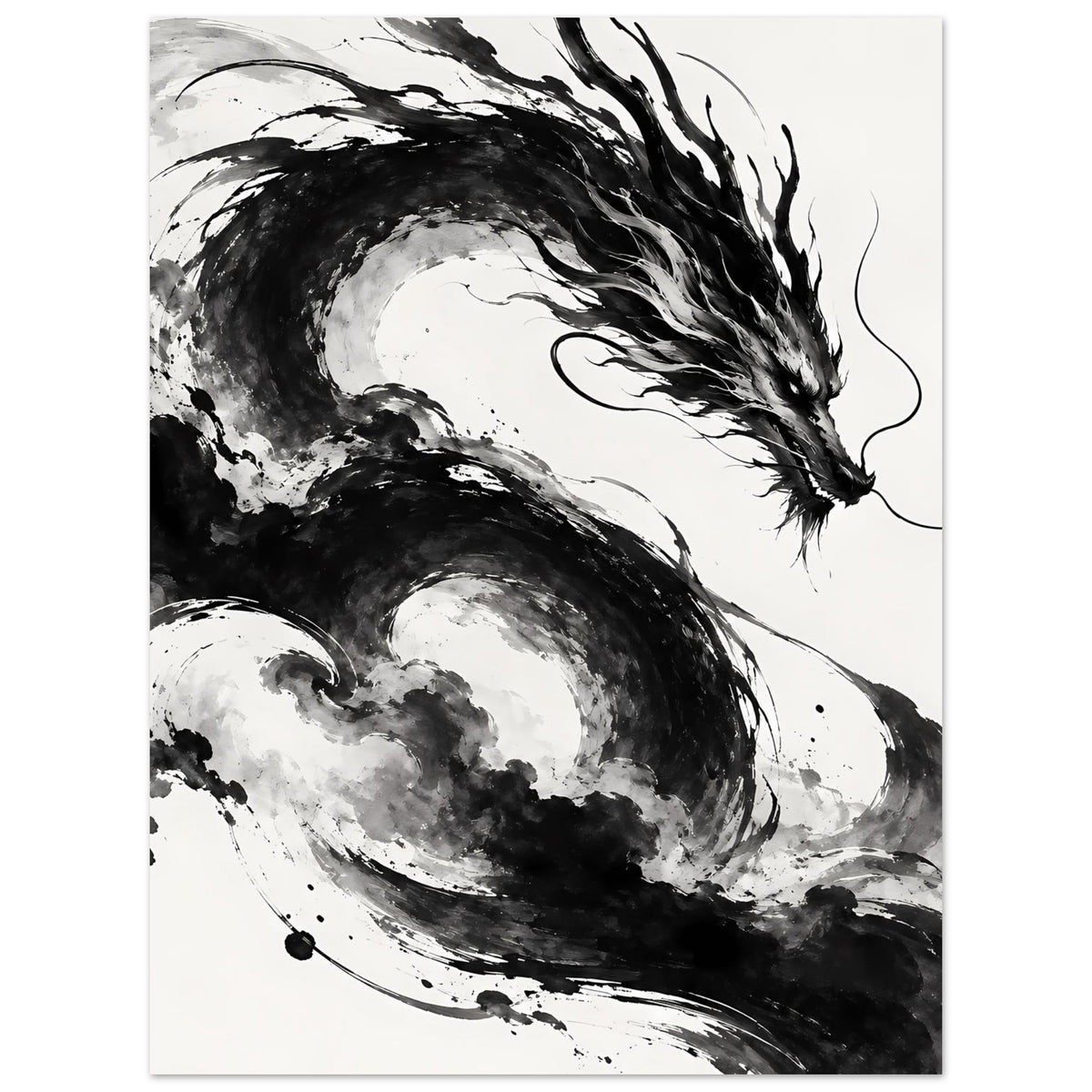 Poster im Hochformat mit Drachenmotiv in Schwarz-Weiß, geschwungene Linien und Spritzer