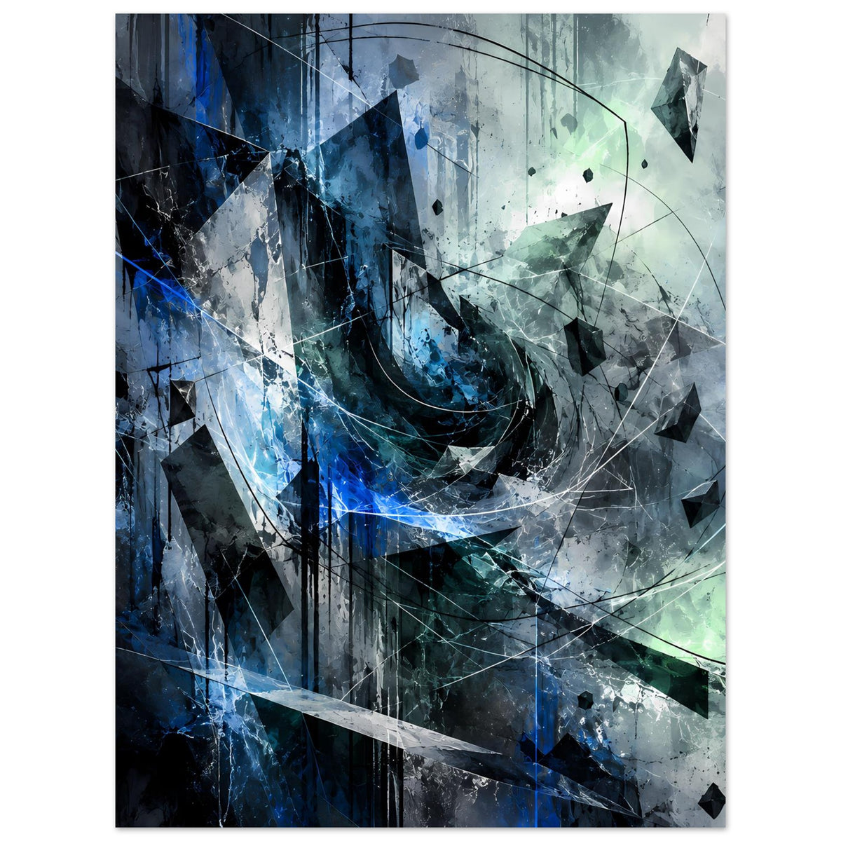 Abstraktes Kunstposter mit blauem Zentrum, grauen Flächen, grünen Akzenten und Drahtkreis