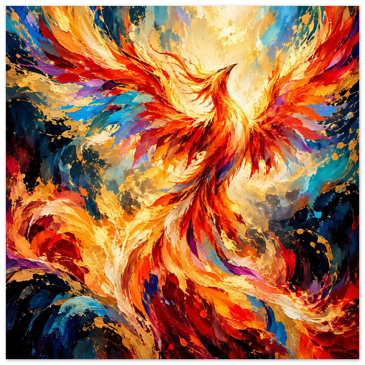 Nahes horizontales Poster: leuchtender Phönix in Orange, Blau und Gelb, schwarze Umrandung.