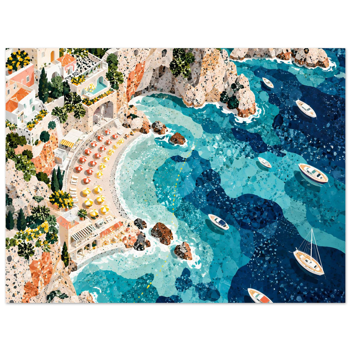 Mediterrane Küstenlandschaft mit Villen, sonnigen Felsklippen und türkisblauem Meer in Mosaikoptik – Posteransicht 9