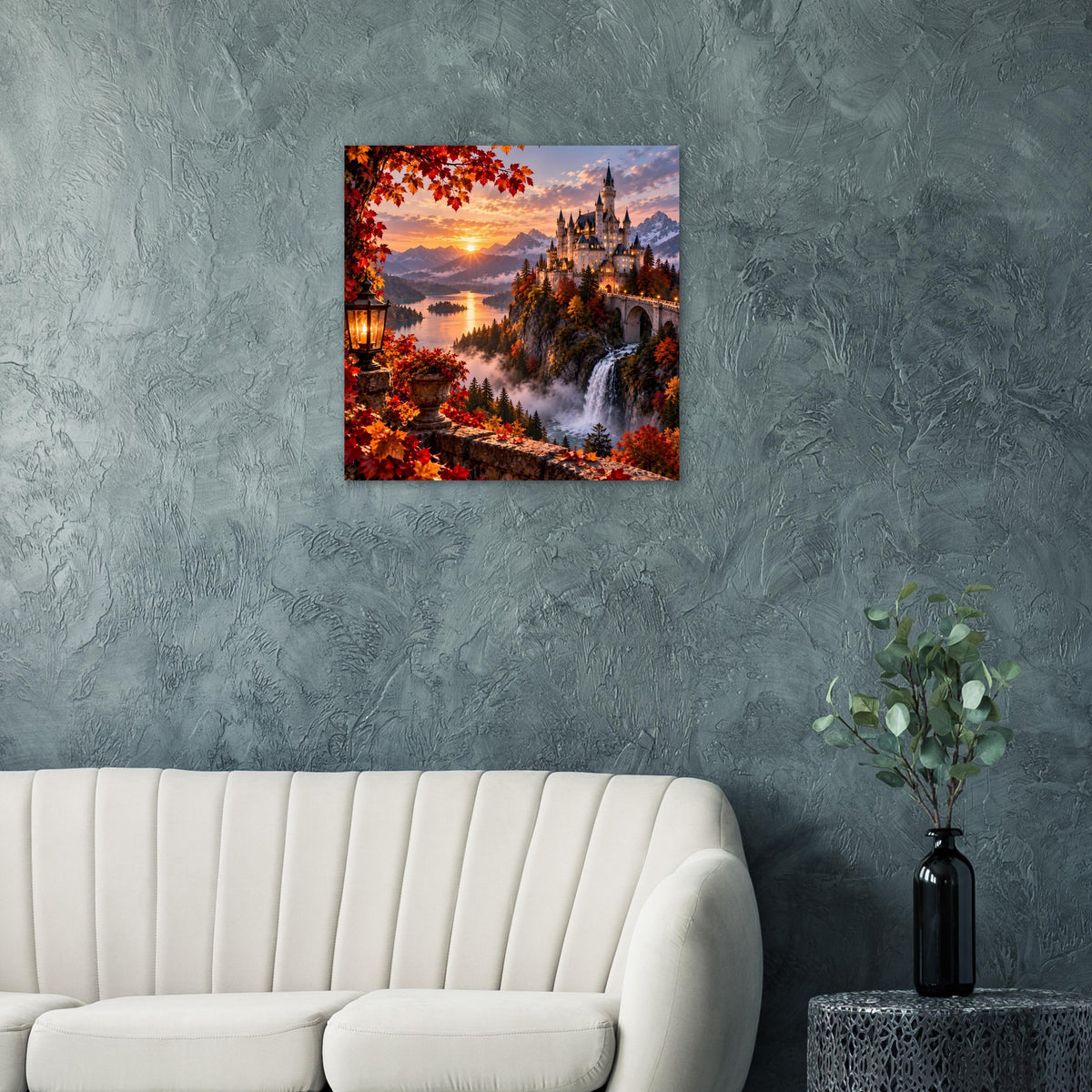 Quadratisches Poster mit Schloss bei Sonnenuntergang, Wasserfall und leuchtenden Herbstfarben