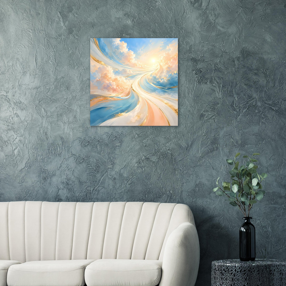 Poster mit pastellfarbenem Lichtpfad und gewelltem Himmel in Blau und Beige