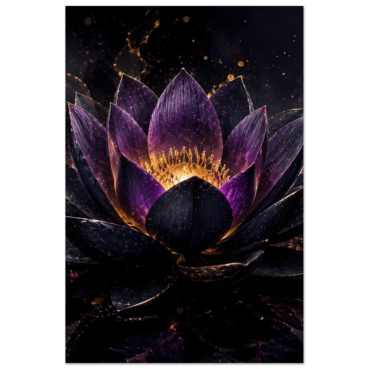 Poster mit zentraler violetter Lotusblüte und goldener Staubfaden-Optik, stilisiert.