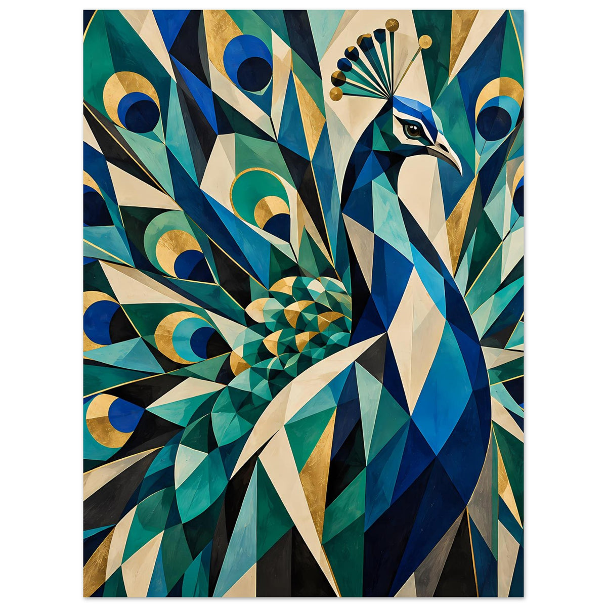 Poster mit geometrischem Pfau-Motiv, blaues Gefieder und goldene Farbmuster