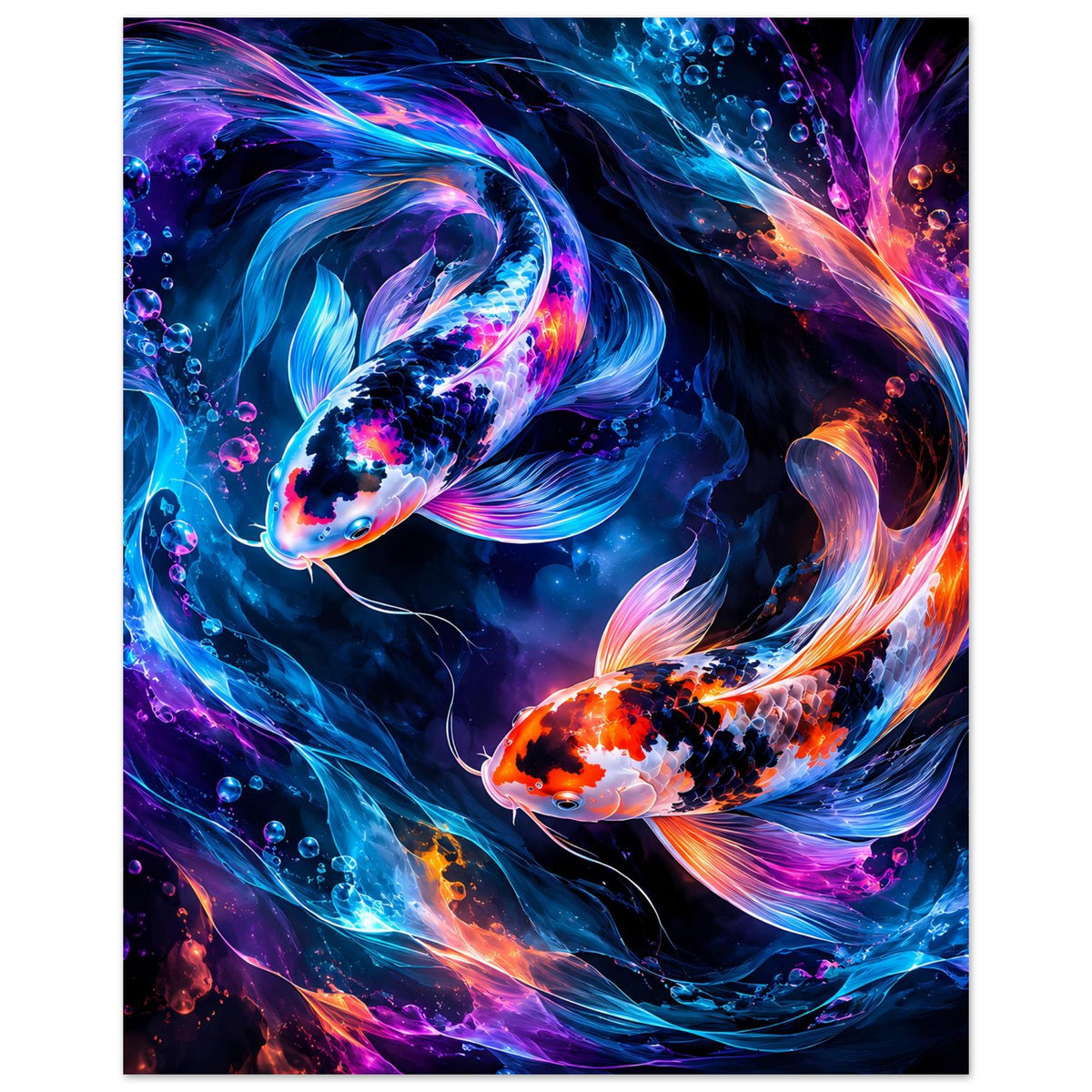 Vertikales Poster mit leuchtenden Koi-Fischen in Blau, Lila und Orange, umgeben von Blasen