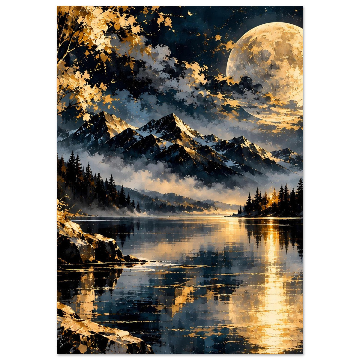 Landschaftsposter im Hochformat mit Vollmond, Bergen, Seeufer und gold leuchtender Reflexion