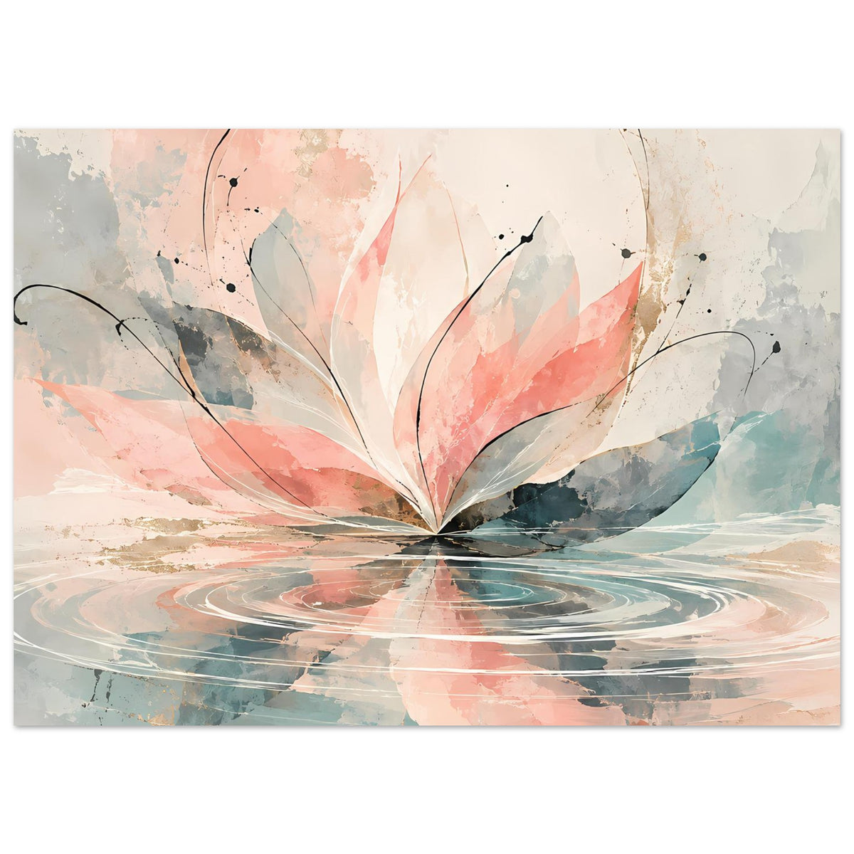 Kunstposter im Querformat mit Aquarellblüten in Rosa und Pastellblau, Spiegelung im Wasserlook
