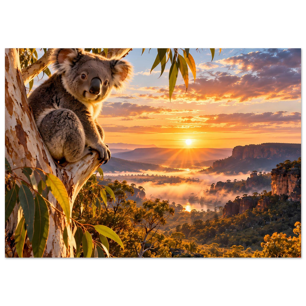 Wandposter im Querformat: Koala auf Ast, Sonnenuntergang mit orangefarbenem Himmel