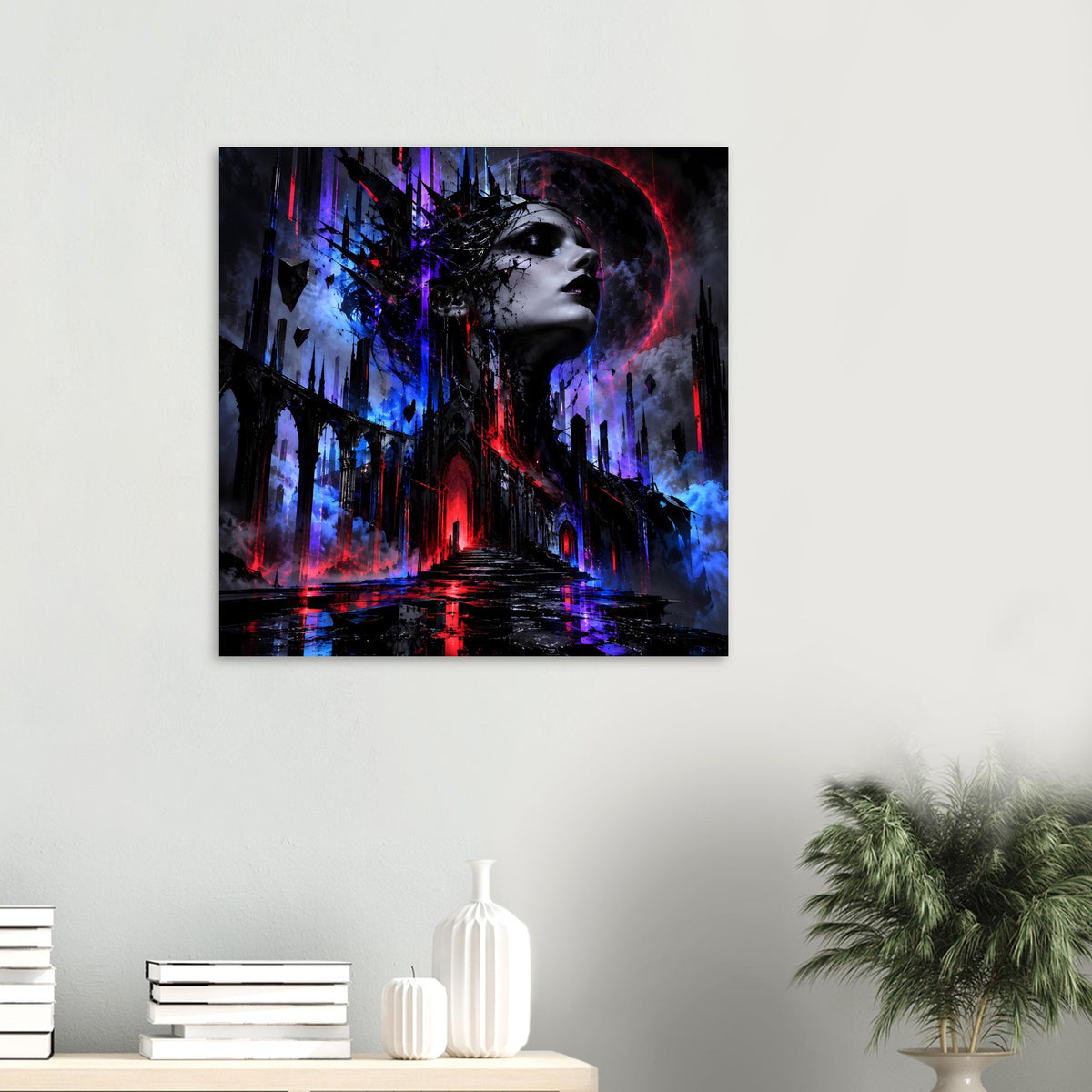 Kleines Poster mit weiblichem Profil, Neonblau und Neonrot vor dunklem Gassenweg