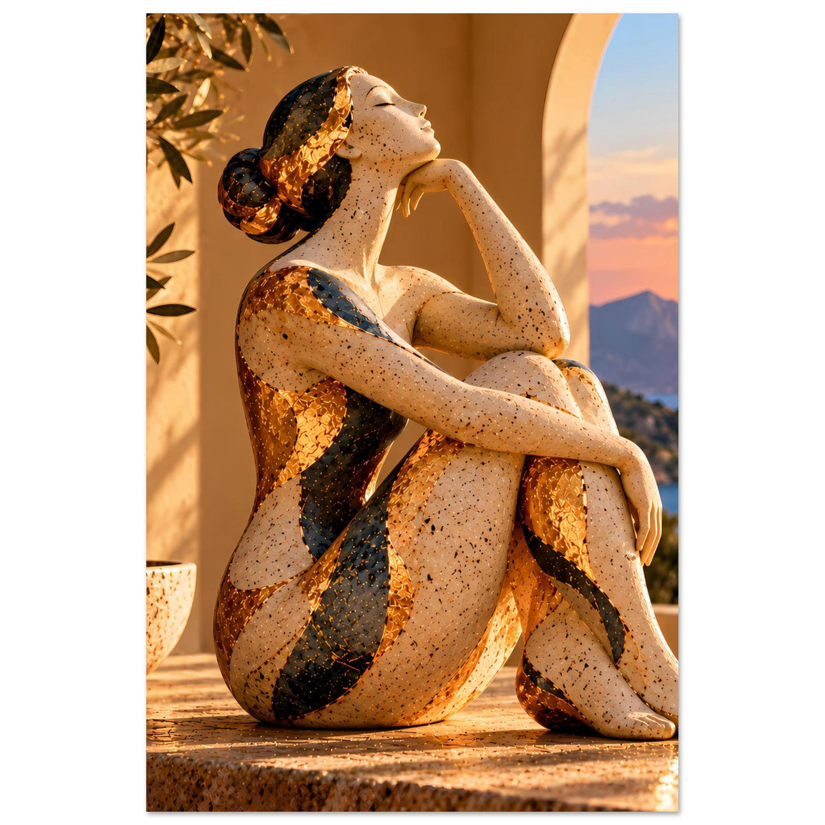 Poster: sitzende Frauenskulptur, goldfarbene Texturen und Sonnenuntergang am Meer