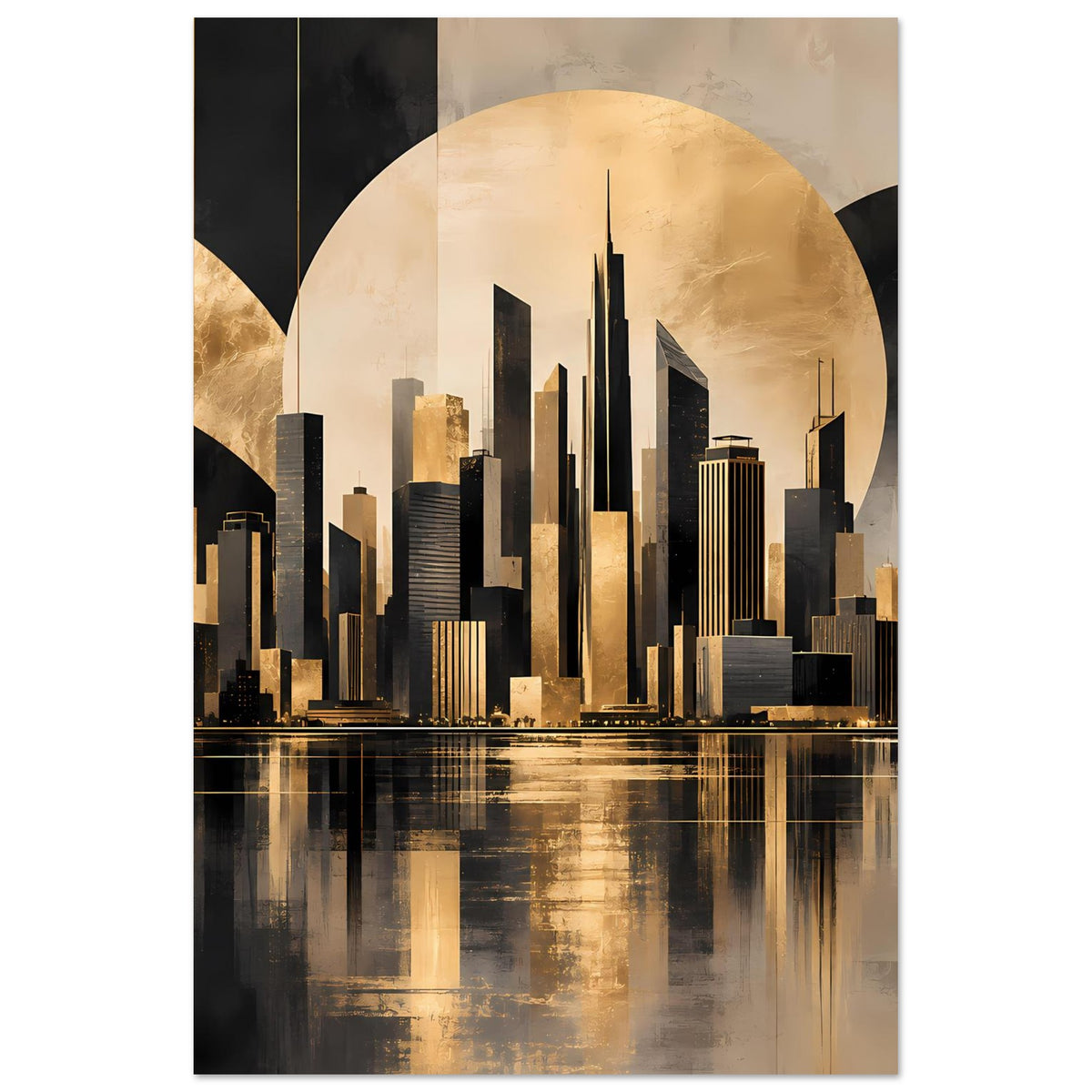 Stadtposter mit goldener Skyline und schwarzen Gebäuden, gerahmt, mit spiegelndem Wasser