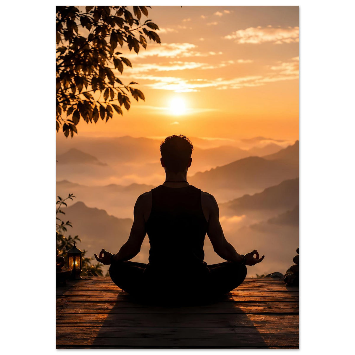 Meditationsposter: Person im Lotussitz, Berge und tiefes Abendlicht im Hintergrund