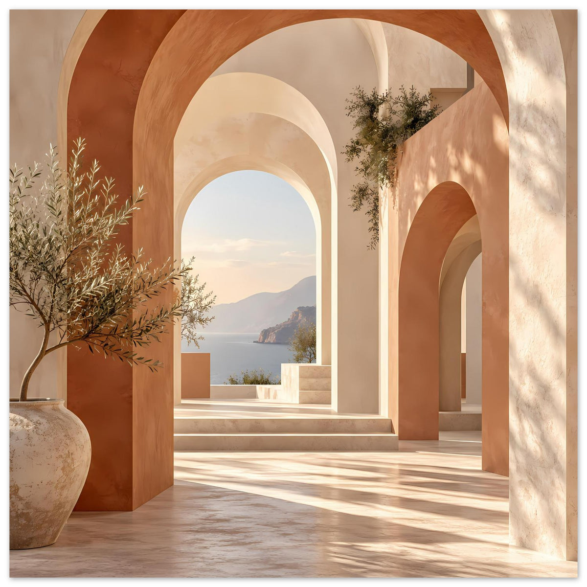 Poster mit Rundbogen-Galerie in Terrakotta und Beige, mit Pflanzen links und Blick ins Tal