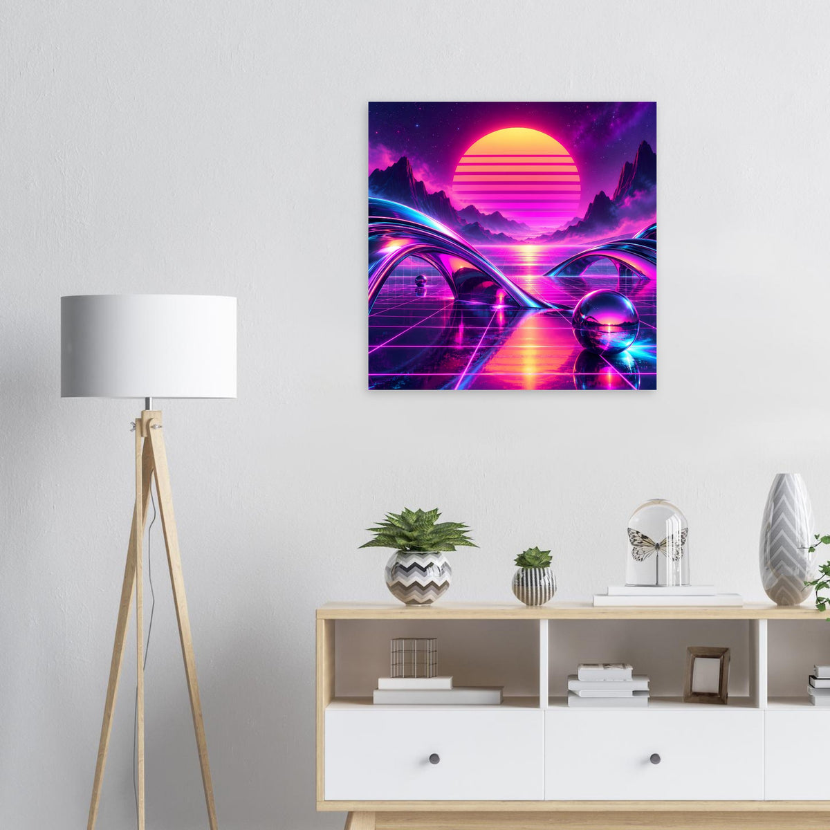 Retro-Science-Fiction-Poster: Neon-Sonnenuntergang, futuristische Bögen und Astronautenhelm