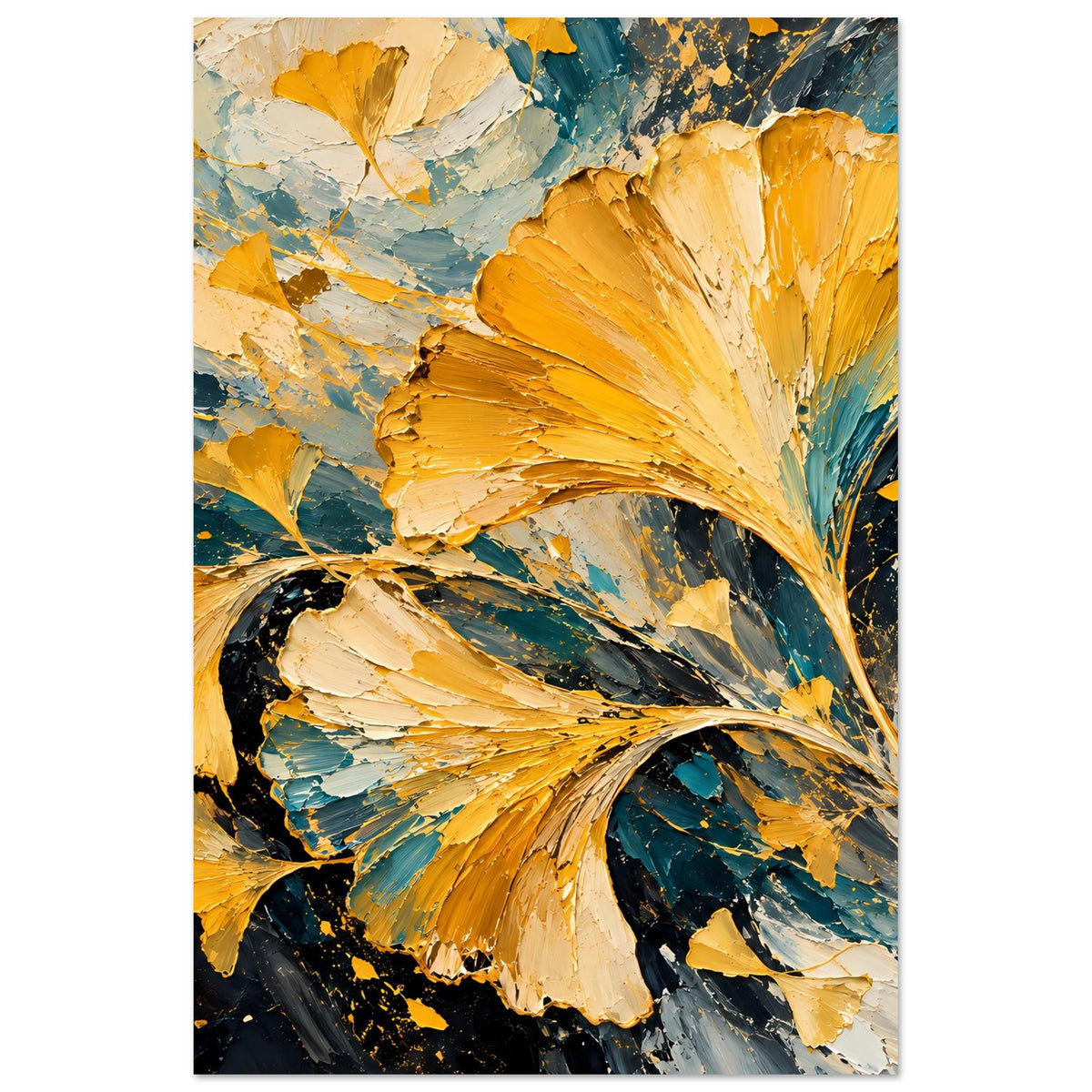 Poster mit abstrakten Ginkgo-Blättern, goldene und türkisfarbene Pinselstriche auf dunklem Grund