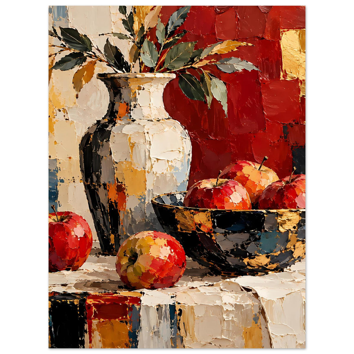 Kunstposter mit Stillleben: Vase mit Blättern, rote Kugeln und Schale auf strukturierter Fläche