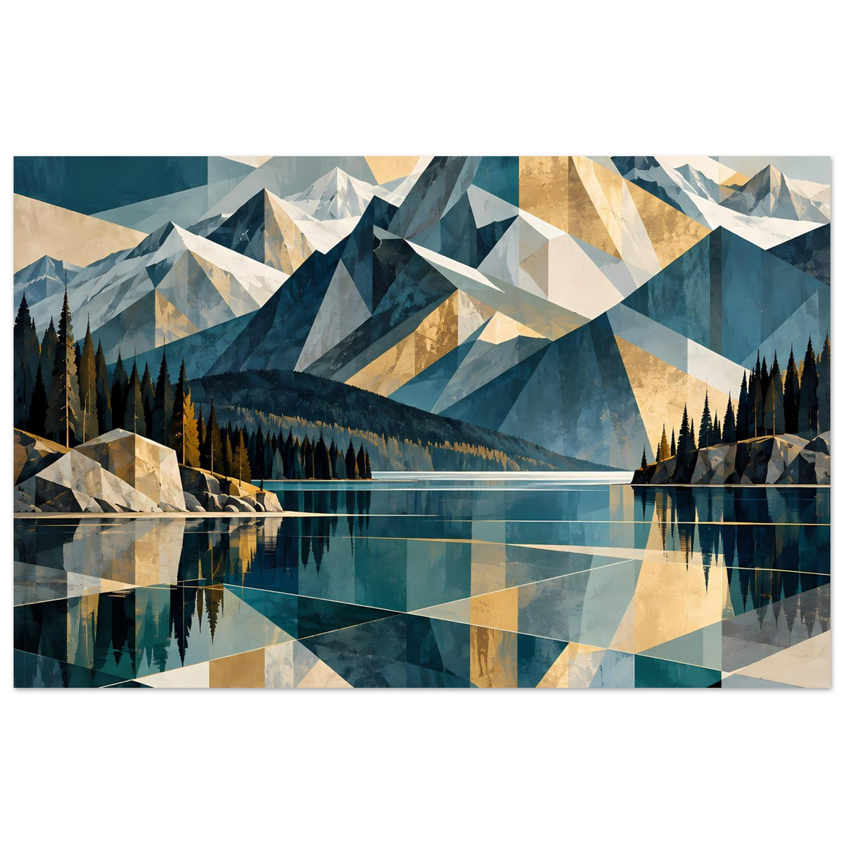 Wandposter mit geometrischer Berglandschaft, Tannenwald, See und spiegelnder Wasserfläche