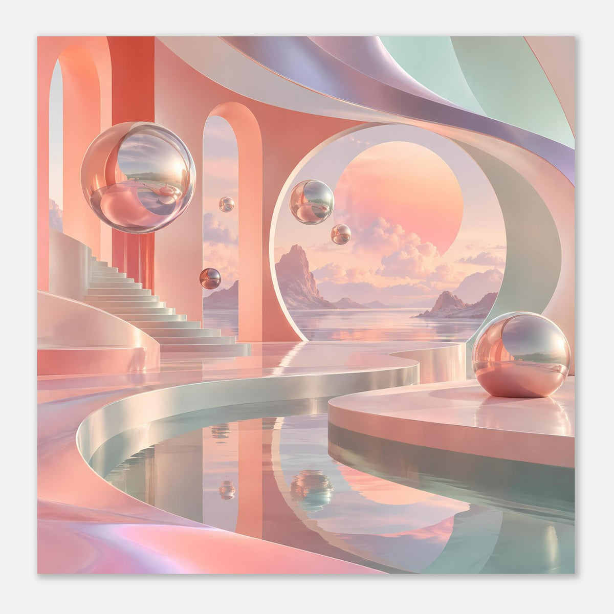 Querformat-Poster mit Pastellarchitektur, kreisförmiger Öffnung, Treppen und schwebenden Kugeln.