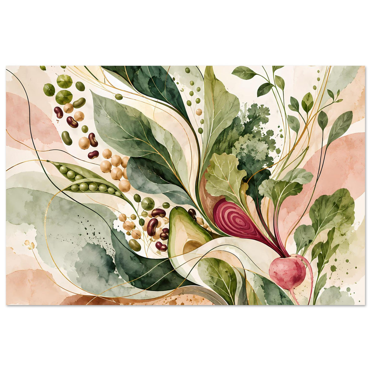 Botanisches Naturposter in Salbeigrün, Beige und Rosé, horizontal