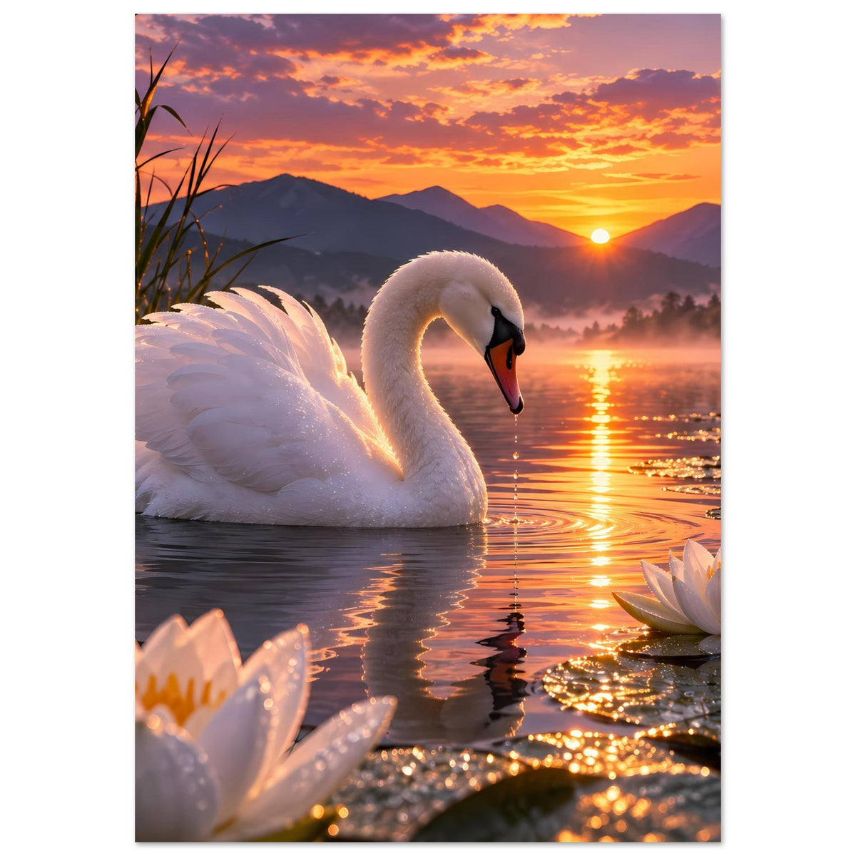 Vertikales Poster: weißer Schwan im Wasser, Seerosen rechts unten, Sonnenuntergang