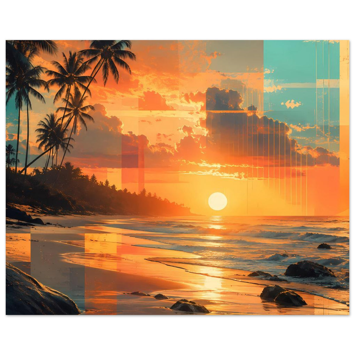 Sonnenuntergangs-Strandposter im Querformat mit Palmen, Wolken und Strand bei Abendlicht