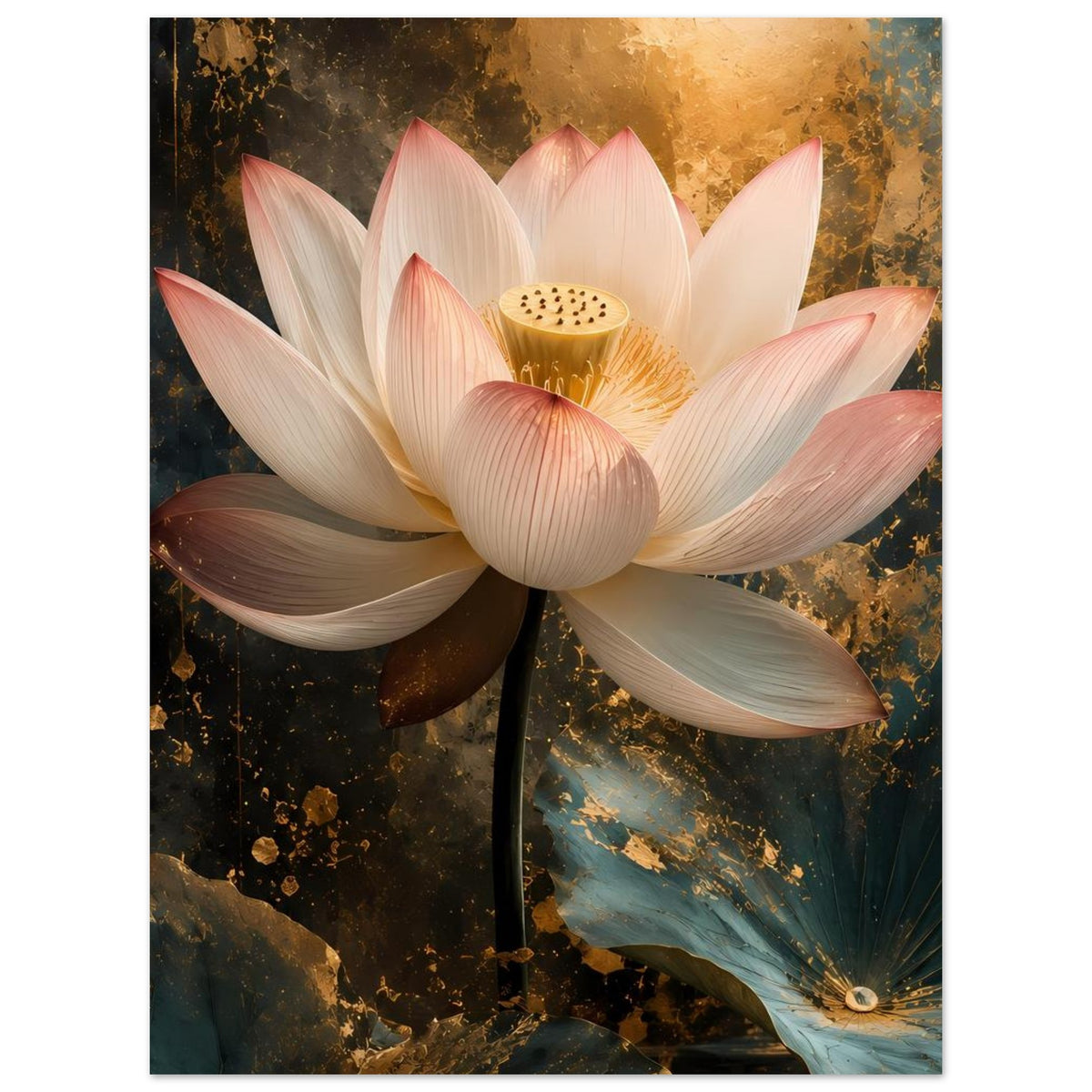Gerahmtes Poster: Lotusblüte mit weißen und rosa Blütenblättern sowie goldener Mitte.