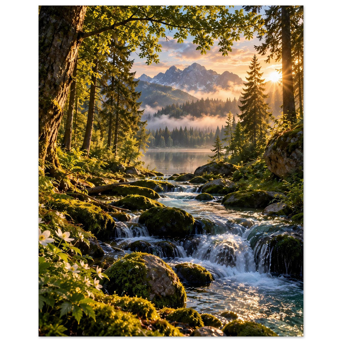 Wasserfall-Poster im Hochformat mit Waldfluss, Felsen, kleinem See und Sonnenstrahlen