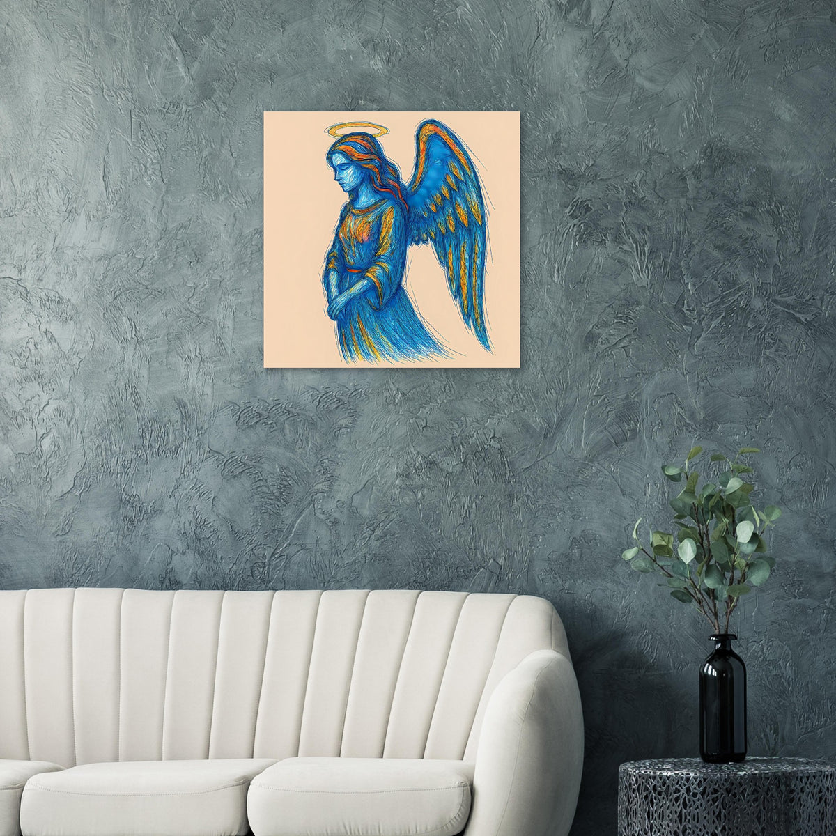 Poster mit blauem Engelsmotiv, goldener Heiligenschein über dem Kopf, große Flügel