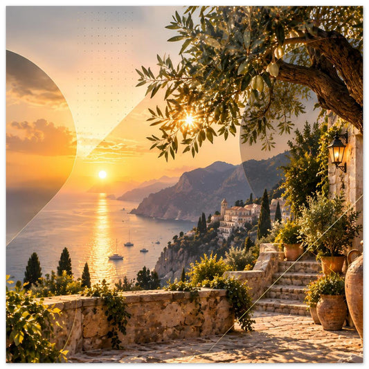 Poster mit mediterraner Abendsonne über Meer, Klippenhaus, Olivenzweigen und Laterne