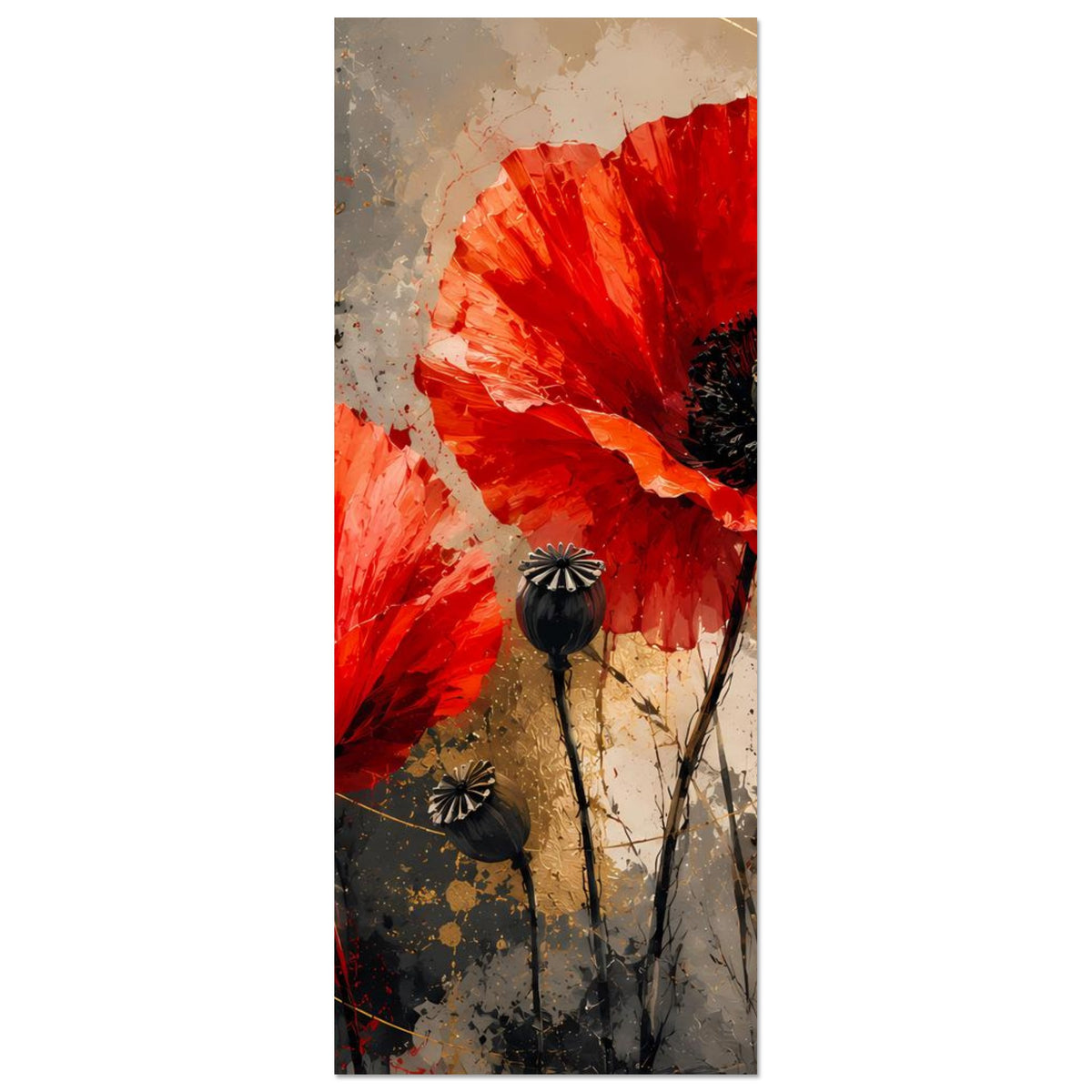 Vertikales Kunstposter mit roten Mohnblumen, Fokus auf einzelne Blüten und Stiele