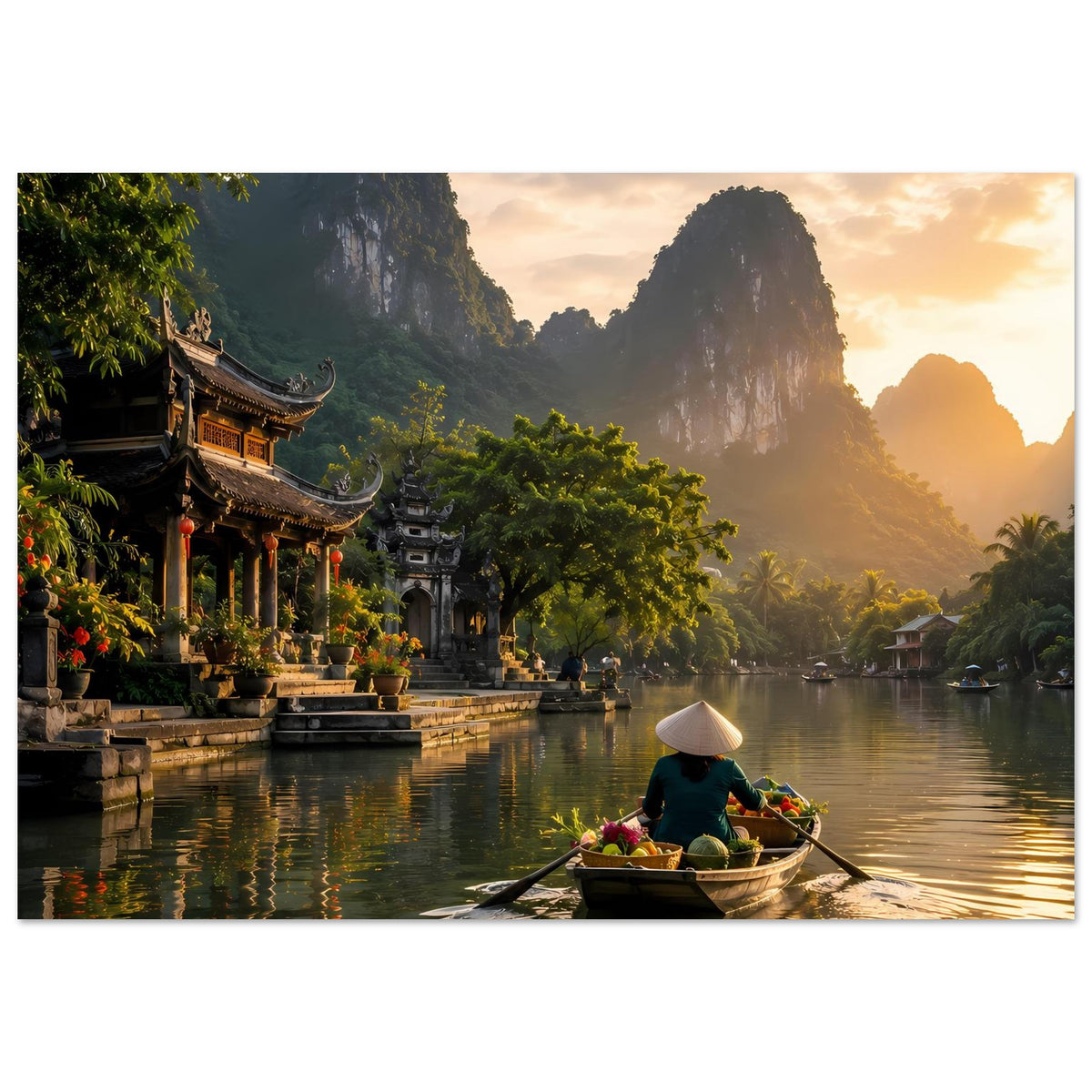 Kunstposter mit Flussufer, Boot mit Blumen und Berglandschaft im Sonnenuntergang
