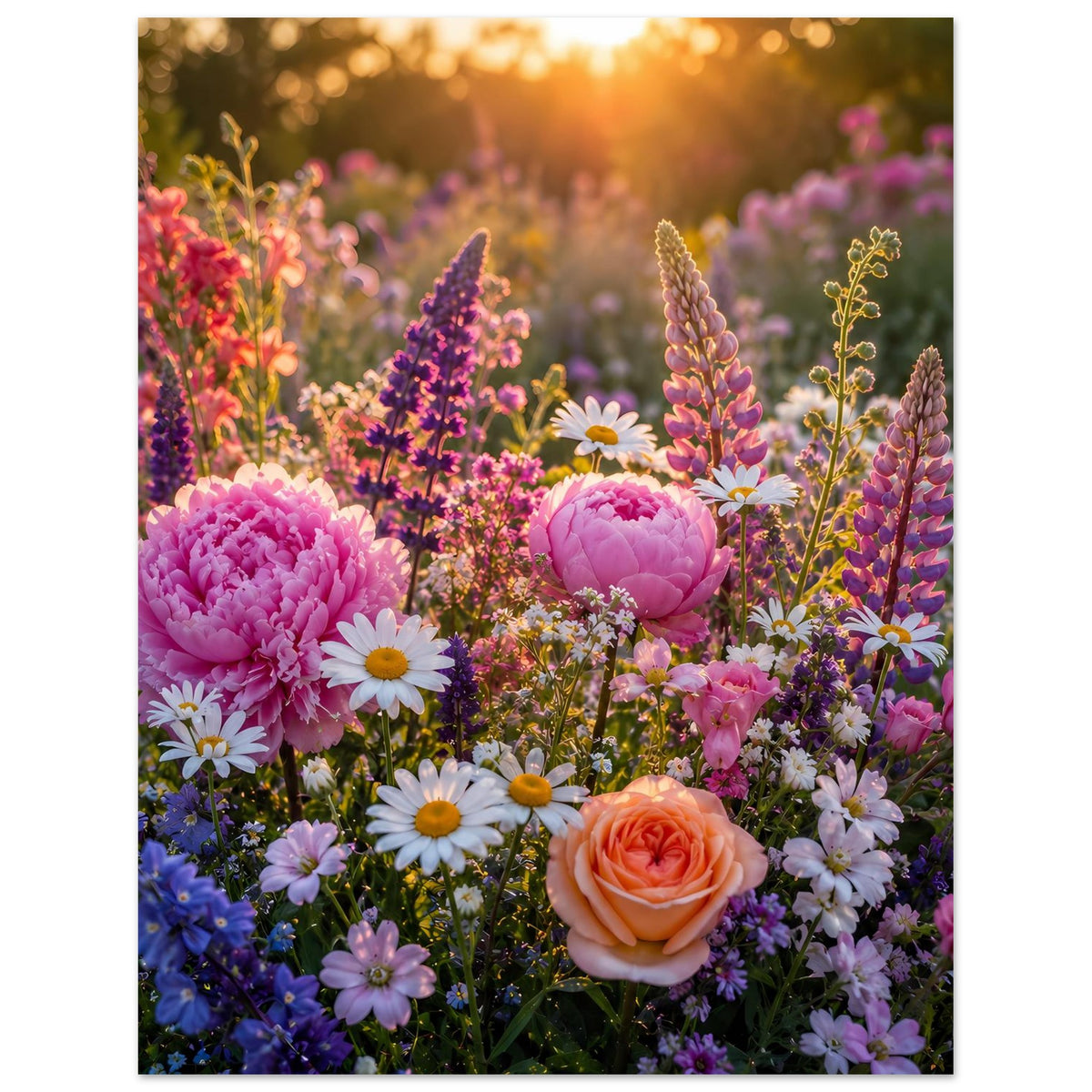 Blumenposter im Hochformat: Pfingstrosen und Margeriten in bunten Farben