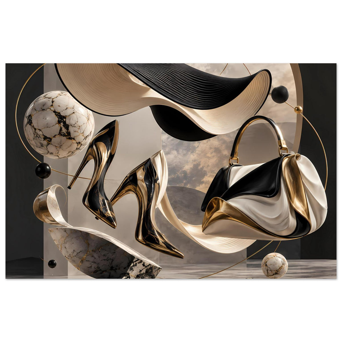 Abstraktes Modekunst-Poster: schwarze und goldene High Heels, Handtasche, Kugeln