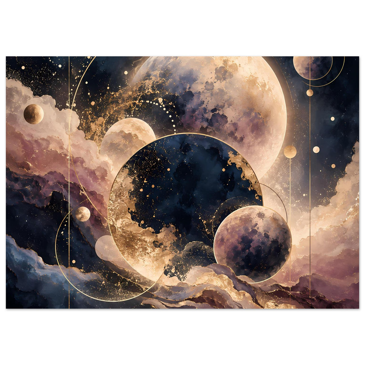 Poster mit Planeten- und Mondmotiv, zentrale Planeten und Monde, violette sowie goldene Akzente