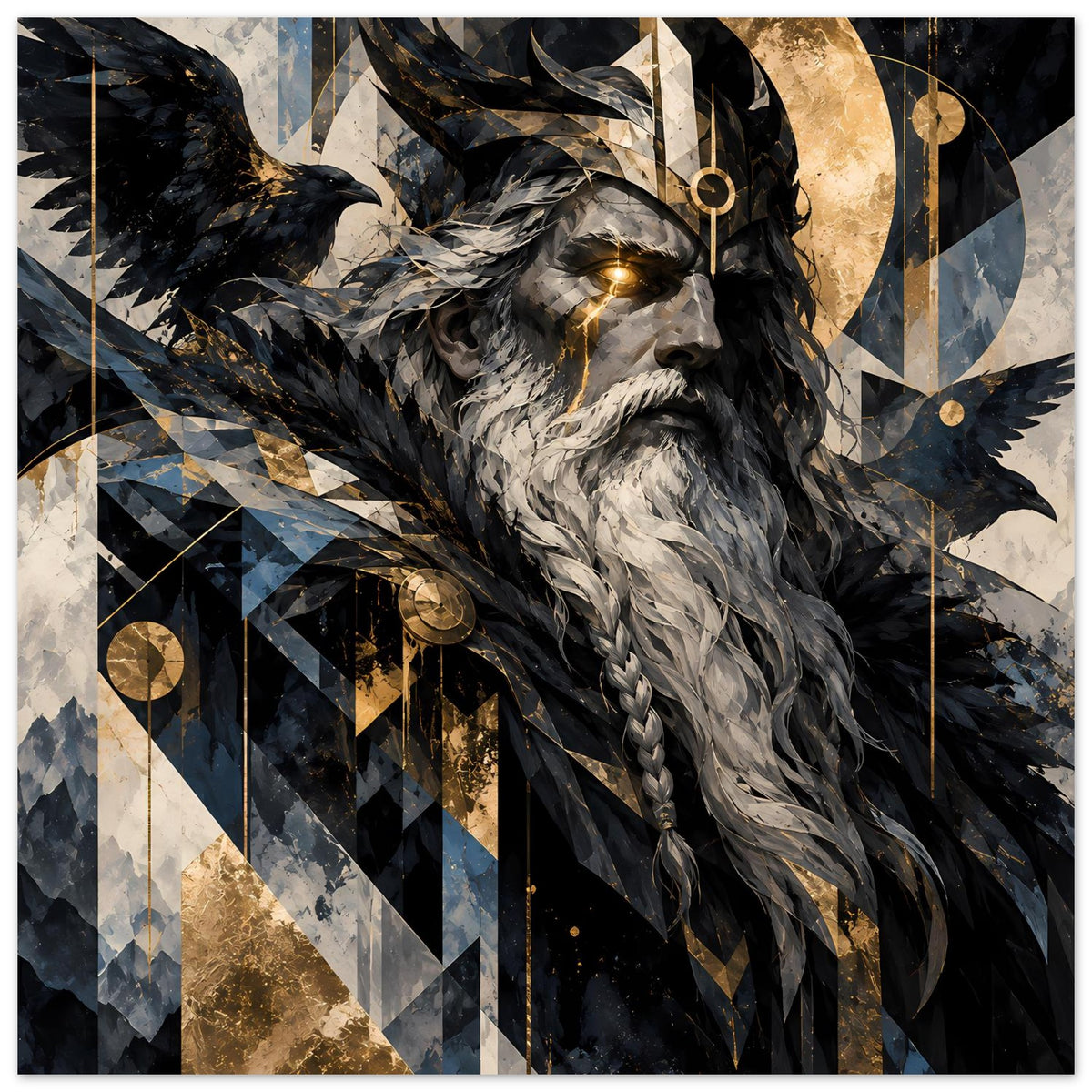 Poster mit Odin-Porträt: große Rabenflügel, goldene Runen und geometrische Muster in Schwarz, Blau
