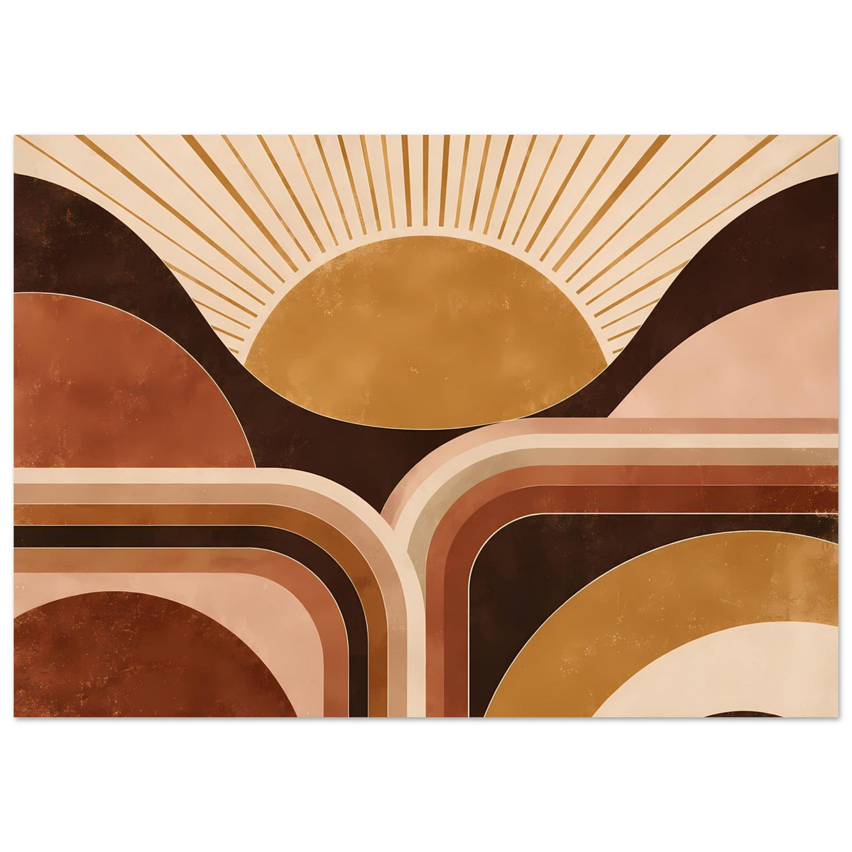 Retro Sonnenaufgang Poster: warmes Zentrum, strahlenförmige Linien und Säulenbogen-Details