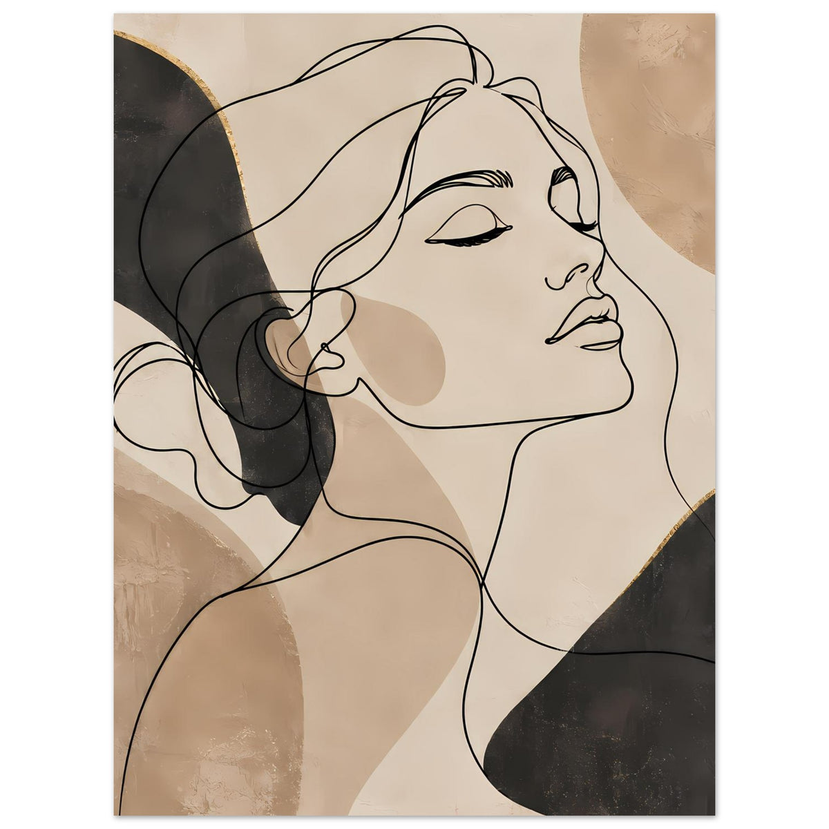 Kunstposter mit Profilgesicht, geschwungene Linien und dunkle Akzentflächen auf Beige