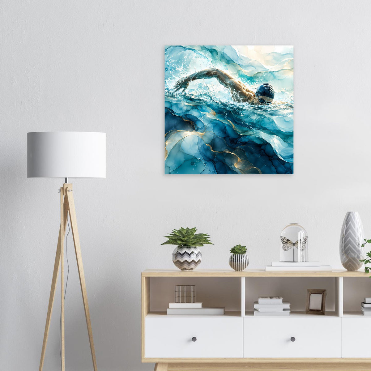 Quadratisches Poster mit Schwimmer in Blau unter Wasser und Wellen