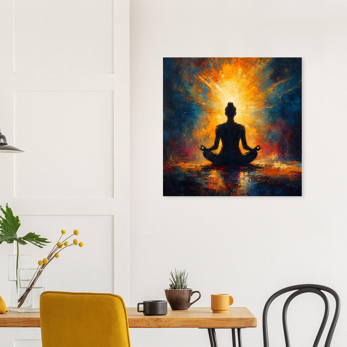 Quadratisches Poster mit meditierender Silhouette, orange Strahlenkranz und blauem Hintergrund