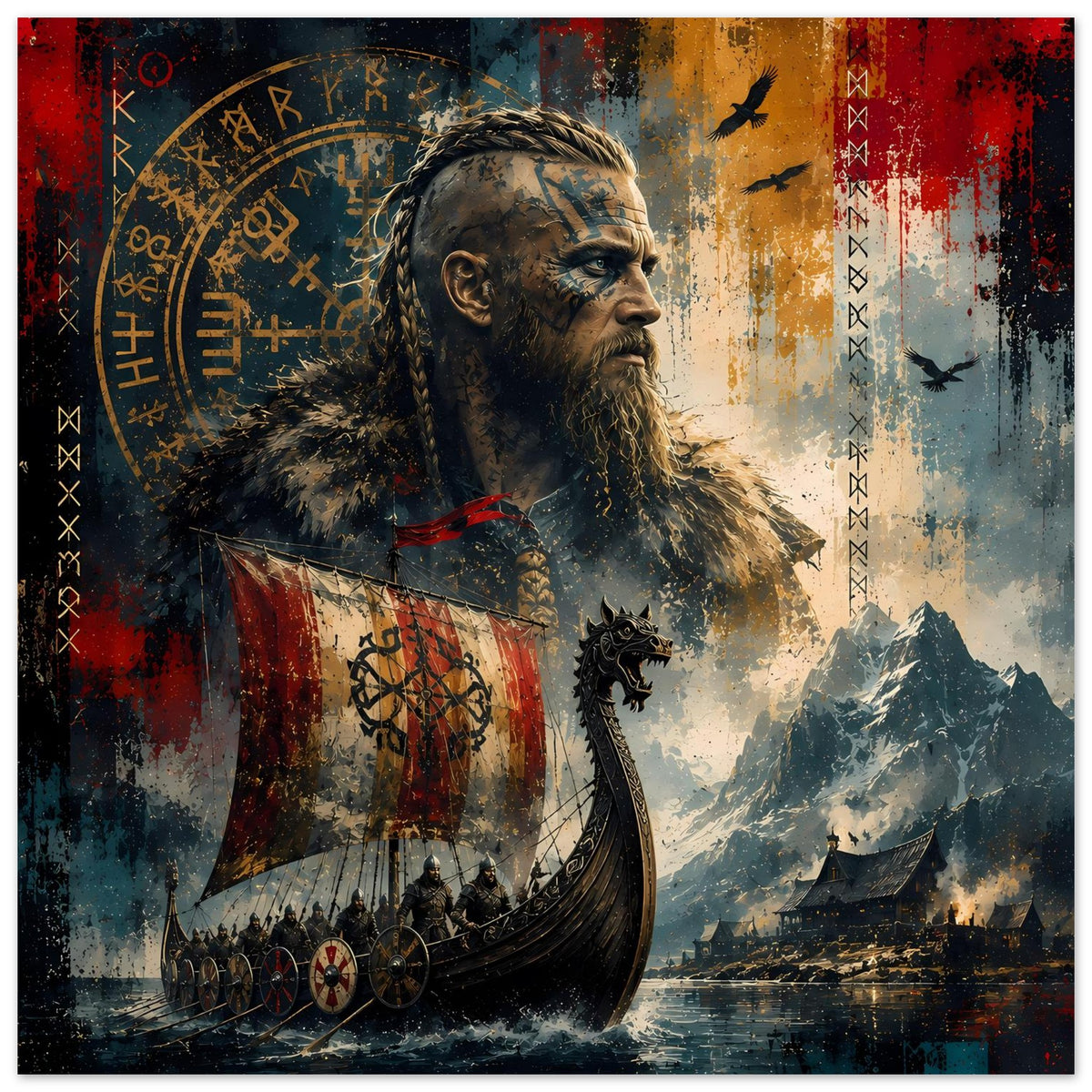 Wikingersaga-Poster: Bartmann im Profil, Langschiff, Inselberge und Runenbordüre