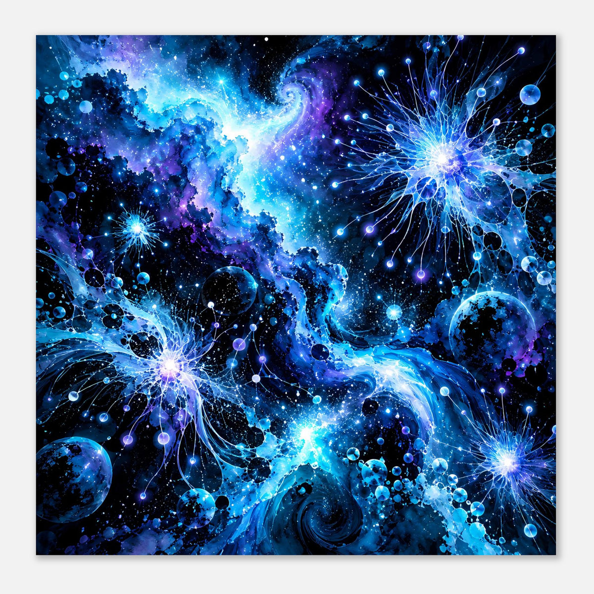 Leuchtendes galaktisches Poster im Querformat mit blauem Weltraummotiv, Sternen, Planeten und Linien
