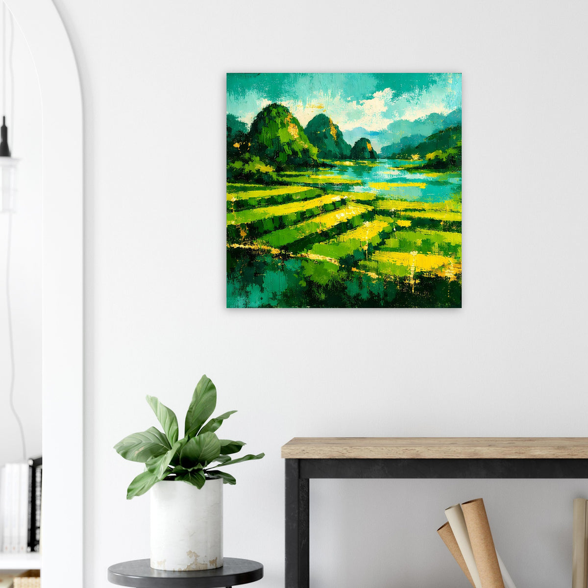 Landschaftsposter mit grüner Landschaft, Fluss und gelben Feldern, quadratisch