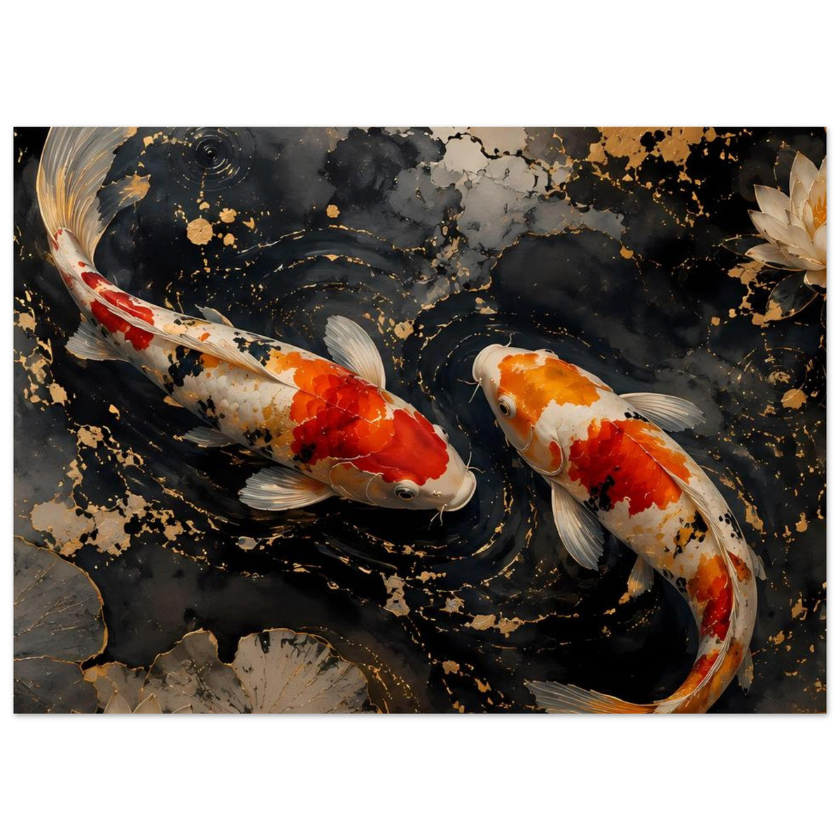 Koi-Karpfen-Poster mit zwei bunt gemusterten Karpfen im schwarzen Wasser, mit goldenen Spritzern