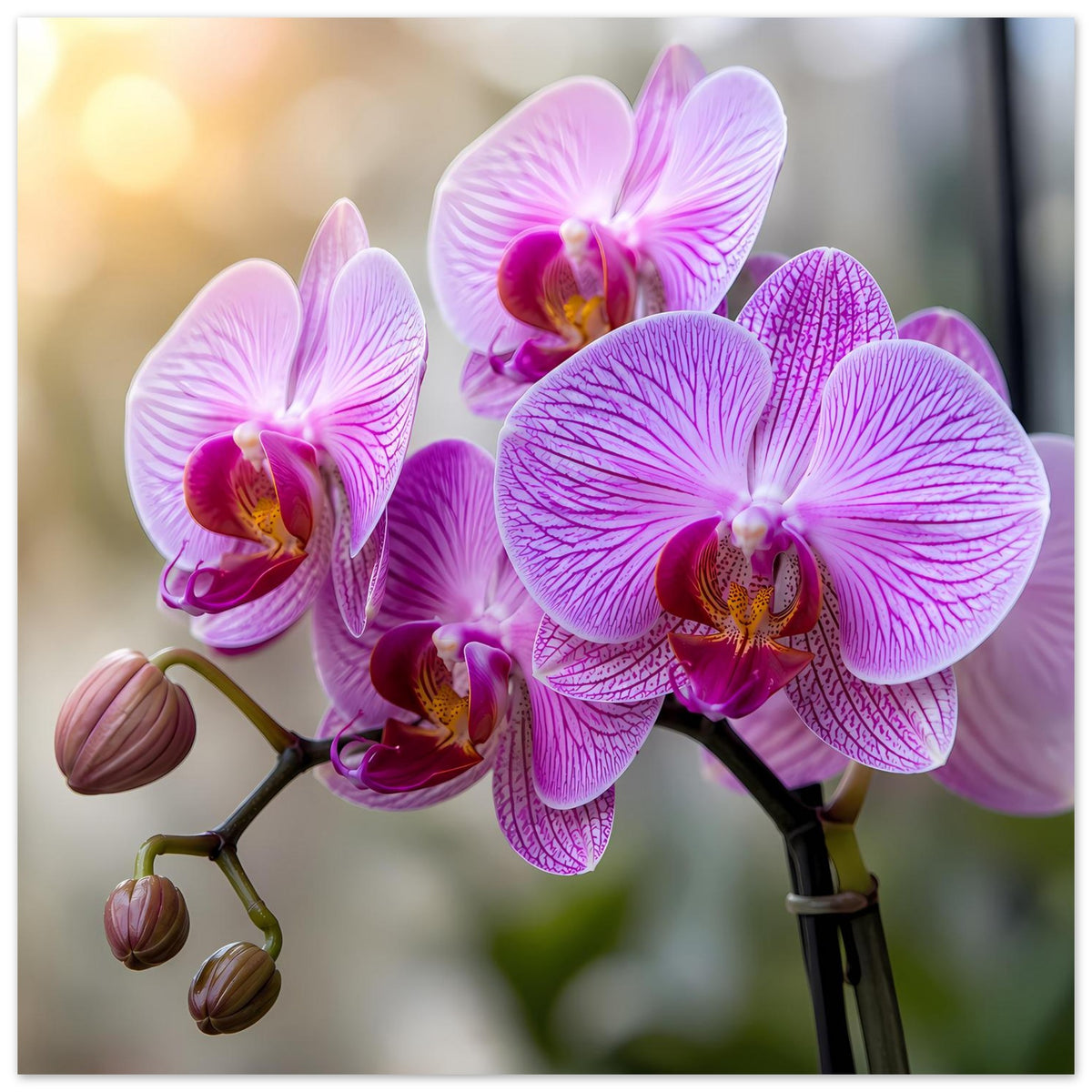 Orchideen-Poster mit hellrosa und violetten Orchideenblüten sowie Knospen links