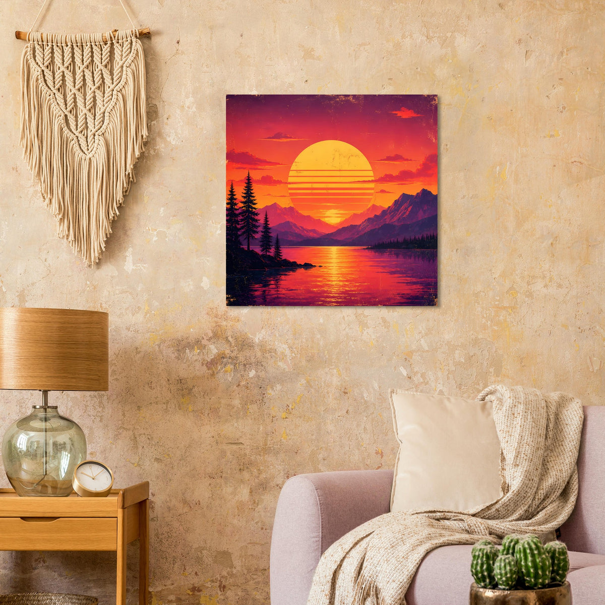 Poster mit Bergsee, Tannen und retro Sonnenuntergang; leuchtende Sonne in Orange und Violett