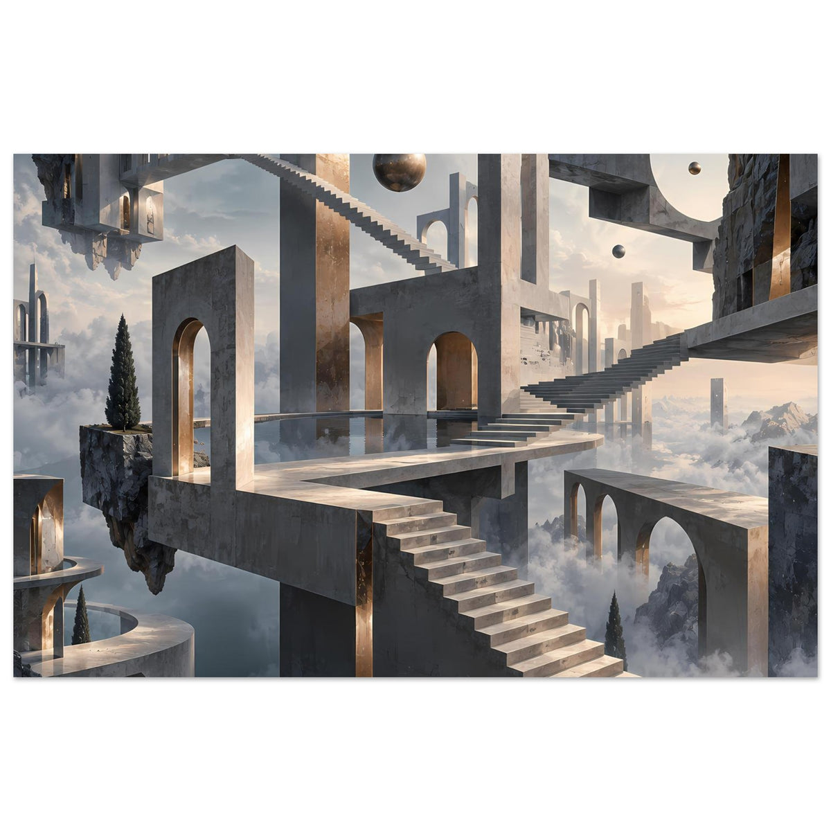 Architekturposter: schwebende Treppe mit goldenen Torbögen und Gewölbebrücken