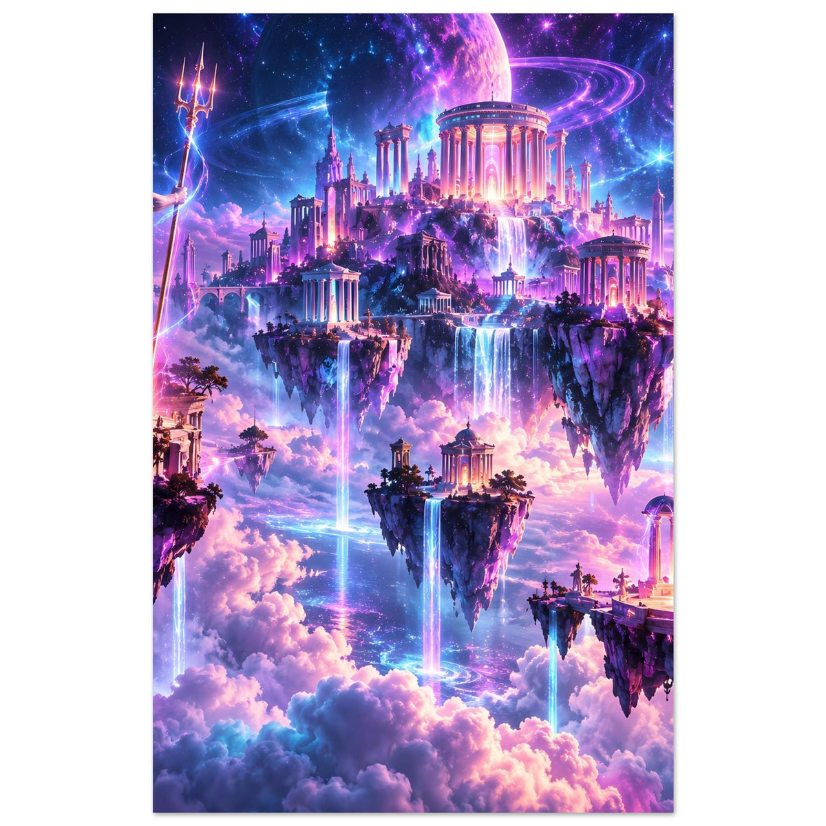Fantasy-Poster mit Tempelstadt, Wasserfällen und Sternenlicht über Wolken
