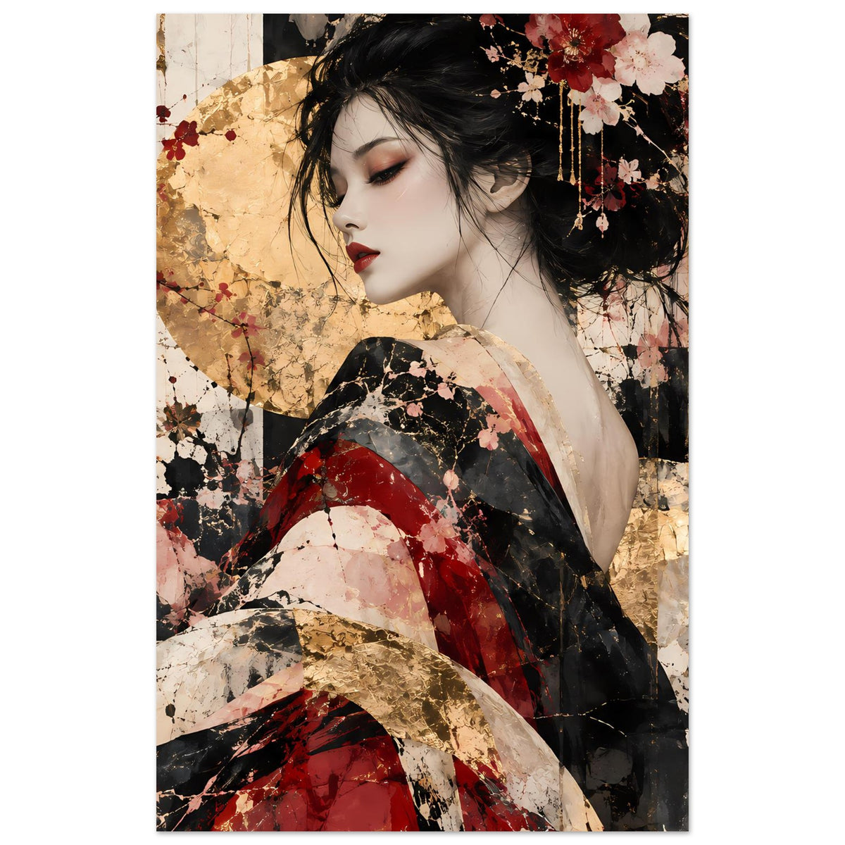 Asiatisches Wandposter mit Frauenporträt in Rot, Rosé und Gold, hochformatig