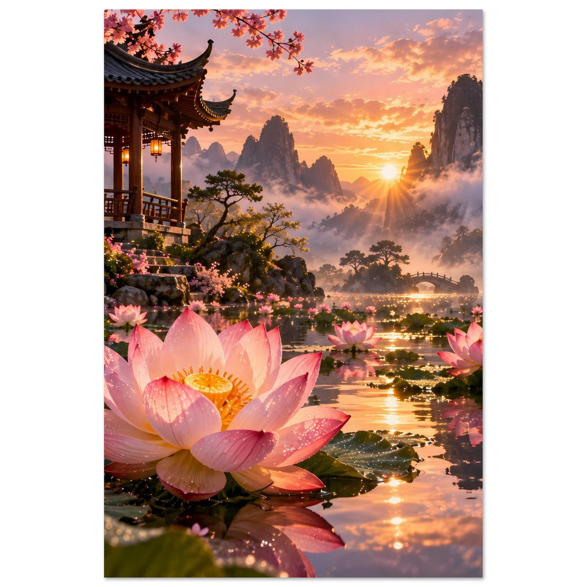 Vertikales Poster mit rosa Lotusblumen, Tempelpavillon links und Sonnenaufgang über Landschaft